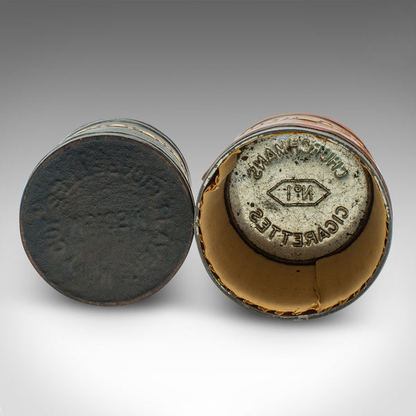 Set Of 6 Small Antique Storage Tins, English, Leather, Cigarette Pot, Circa 1920