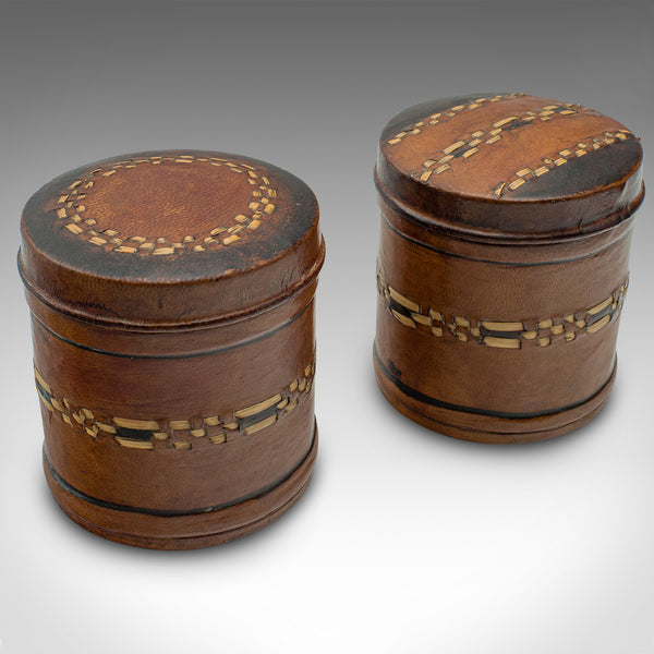 Set Of 6 Small Antique Storage Tins, English, Leather, Cigarette Pot, Circa 1920