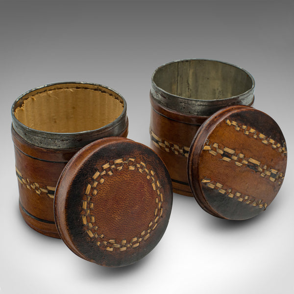 Set Of 6 Small Antique Storage Tins, English, Leather, Cigarette Pot, Circa 1920