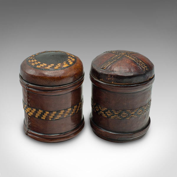 Set Of 6 Small Antique Storage Tins, English, Leather, Cigarette Pot, Circa 1920