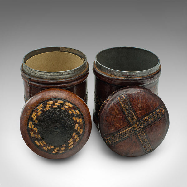 Set Of 6 Small Antique Storage Tins, English, Leather, Cigarette Pot, Circa 1920