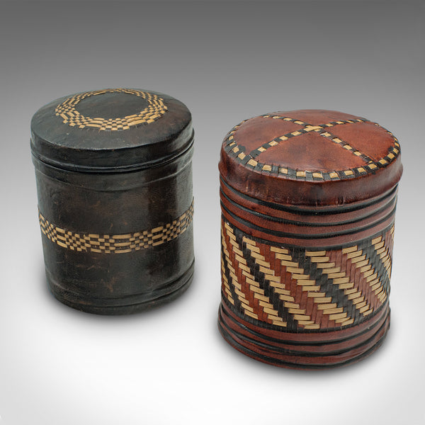 Set Of 6 Small Antique Storage Tins, English, Leather, Cigarette Pot, Circa 1920
