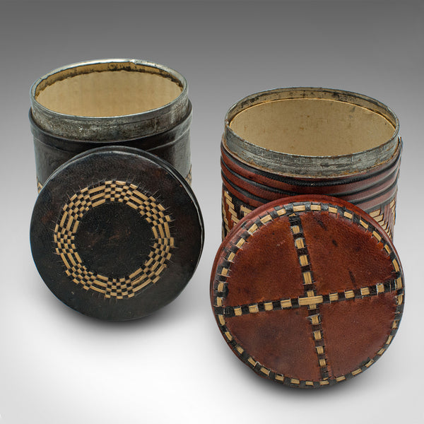 Set Of 6 Small Antique Storage Tins, English, Leather, Cigarette Pot, Circa 1920