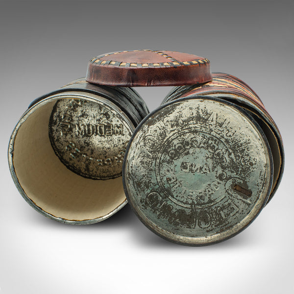 Set Of 6 Small Antique Storage Tins, English, Leather, Cigarette Pot, Circa 1920