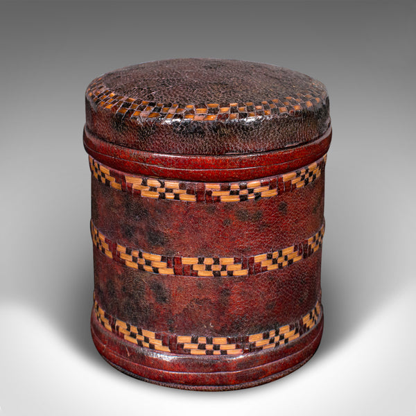 Set Of 4 Antique Storage Tins, English, Morocco Leather, Cigarette Pot, C.1920
