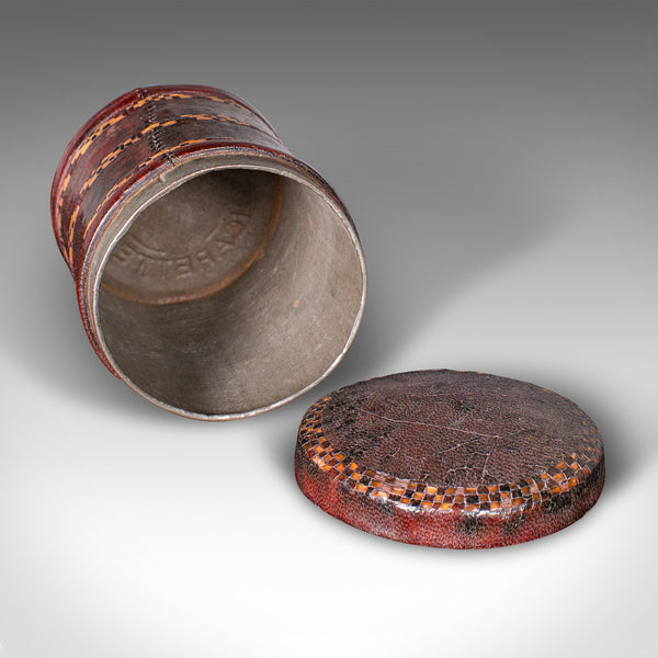 Set Of 4 Antique Storage Tins, English, Morocco Leather, Cigarette Pot, C.1920