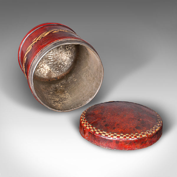 Set Of 4 Antique Storage Tins, English, Morocco Leather, Cigarette Pot, C.1920