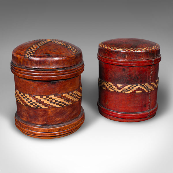Set Of 4 Antique Storage Tins, English, Morocco Leather, Cigarette Pot, C.1920