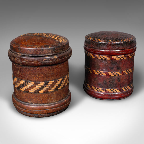 Set Of 4 Antique Storage Tins, English, Morocco Leather, Cigarette Pot, C.1920