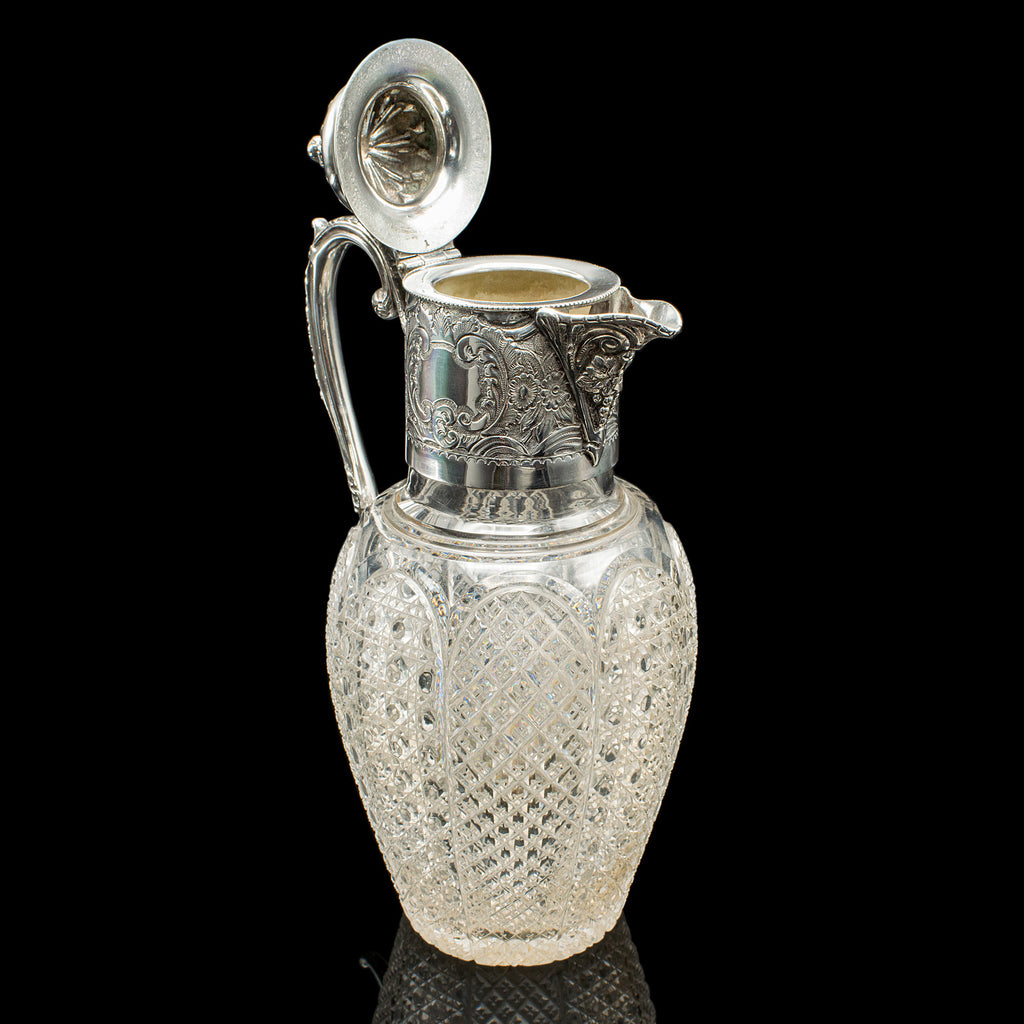 Antique Dessert Wine Jug, English, Glass, Silver Plate, Serving Ewer, Victorian