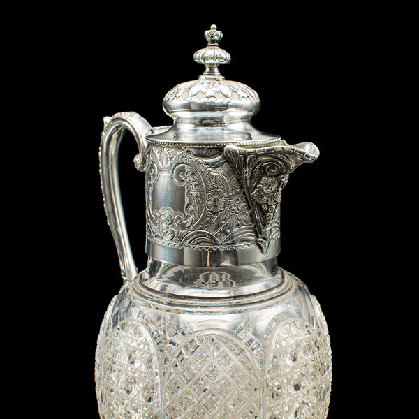 Antique Dessert Wine Jug, English, Glass, Silver Plate, Serving Ewer, Victorian