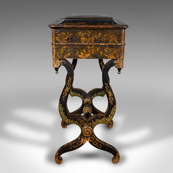 Antique Sewing Table, English, Lacquered, Handpainted, Japanned, Victorian, 1880