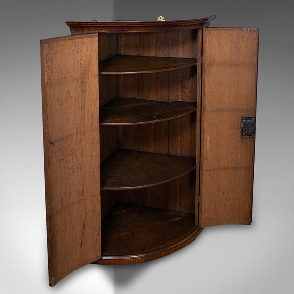Antique Bow Front Corner Cabinet, English, Oak, Wall Mount Cupboard, Georgian