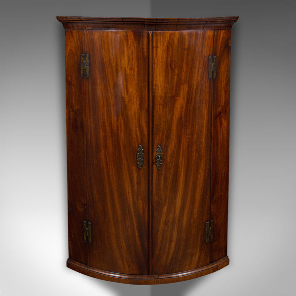 Antique Bow Front Corner Cabinet, English, Oak, Wall Mount Cupboard, Georgian
