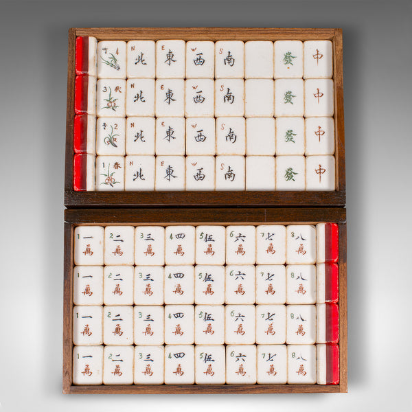 Vintage Cased Mahjong Set, Chinese, Carved Teak, Gaming Set, Mid Century, C.1950