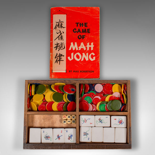 Vintage Cased Mahjong Set, Chinese, Carved Teak, Gaming Set, Mid Century, C.1950
