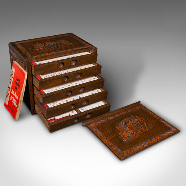 Vintage Cased Mahjong Set, Chinese, Carved Teak, Gaming Set, Mid Century, C.1950