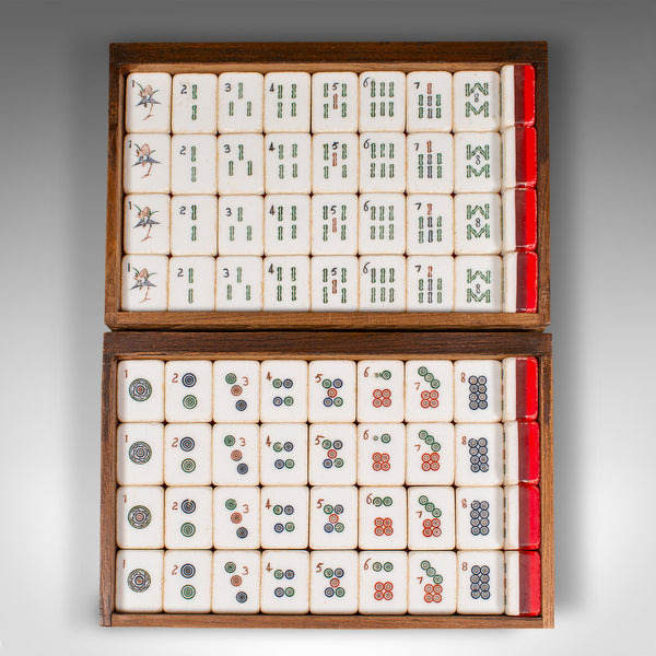 Vintage Cased Mahjong Set, Chinese, Carved Teak, Gaming Set, Mid Century, C.1950