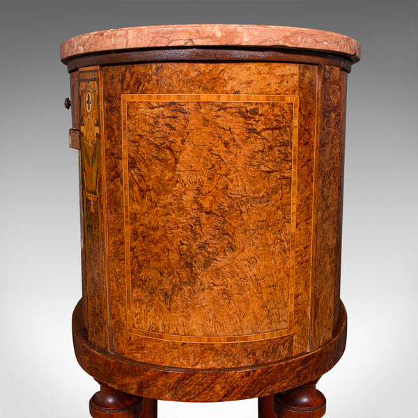 Antique Oval Bedside Cabinet, French, Amboyna, Marble, Bathroom, Victorian, 1870