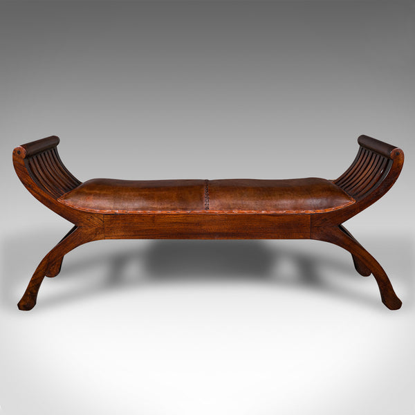 Vintage Regency Revival Window Bench, English, Leather Duet Stool, Bedroom Seat