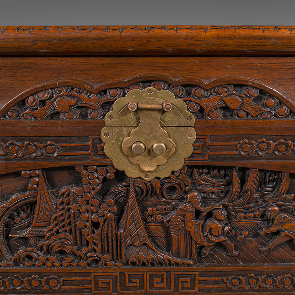 Large Vintage Carved Chest, Chinese, Camphorwood, Linen Trunk, Oriental Taste