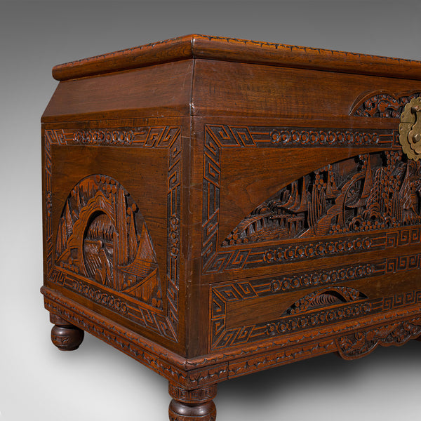 Large Vintage Carved Chest, Chinese, Camphorwood, Linen Trunk, Oriental Taste