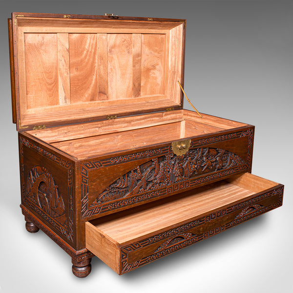 Large Vintage Carved Chest, Chinese, Camphorwood, Linen Trunk, Oriental Taste