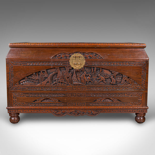 Large Vintage Carved Chest, Chinese, Camphorwood, Linen Trunk, Oriental Taste