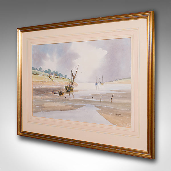 Large Vintage Coastal Painting, Welsh, Framed Watercolour, Landscape, Signed Art