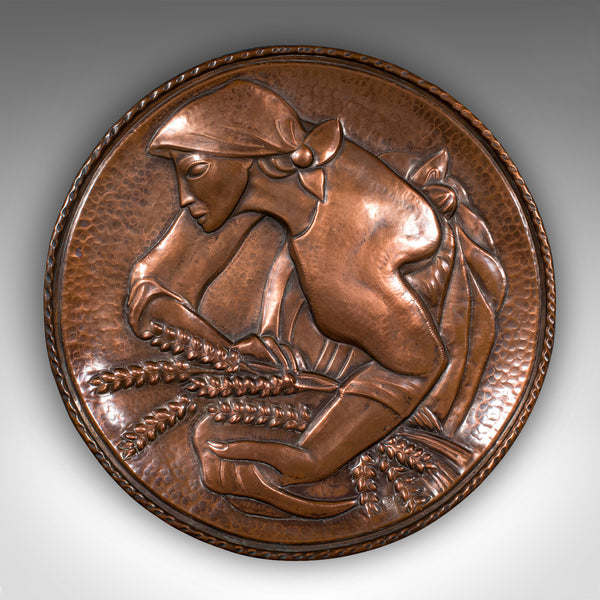 Large Vintage Relief Charger, Belgian, Hand Beaten Copper, Harvest Tray, C.1930