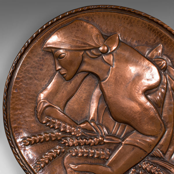 Large Vintage Relief Charger, Belgian, Hand Beaten Copper, Harvest Tray, C.1930