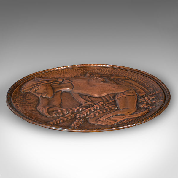 Large Vintage Relief Charger, Belgian, Hand Beaten Copper, Harvest Tray, C.1930