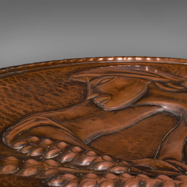Large Vintage Relief Charger, Belgian, Hand Beaten Copper, Harvest Tray, C.1930