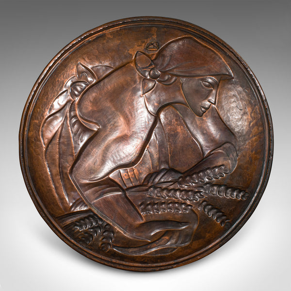 Large Vintage Relief Charger, Belgian, Hand Beaten Copper, Harvest Tray, C.1930