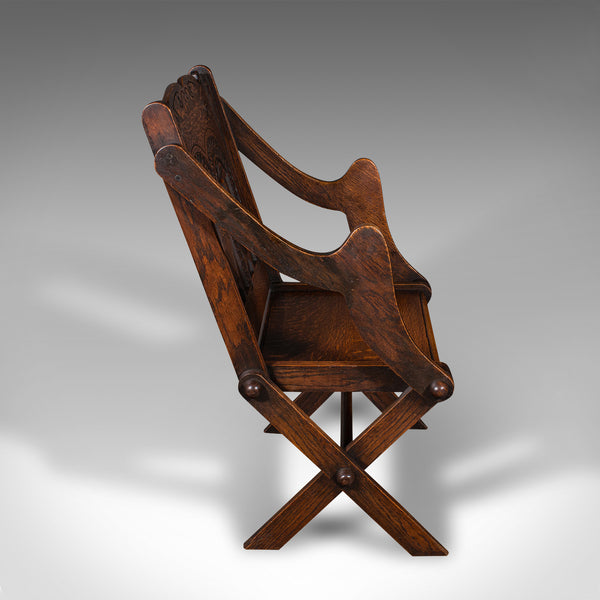 Antique Glastonbury Chair, Welsh Oak, Gothic Revival Elbow Seat, Victorian, 1880