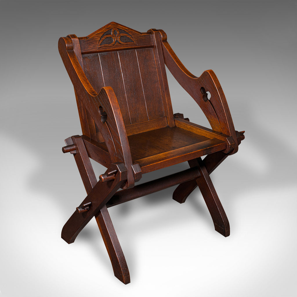 Antique Glastonbury Chair, English Oak, Gothic Revival Seat, Victorian, C.1880
