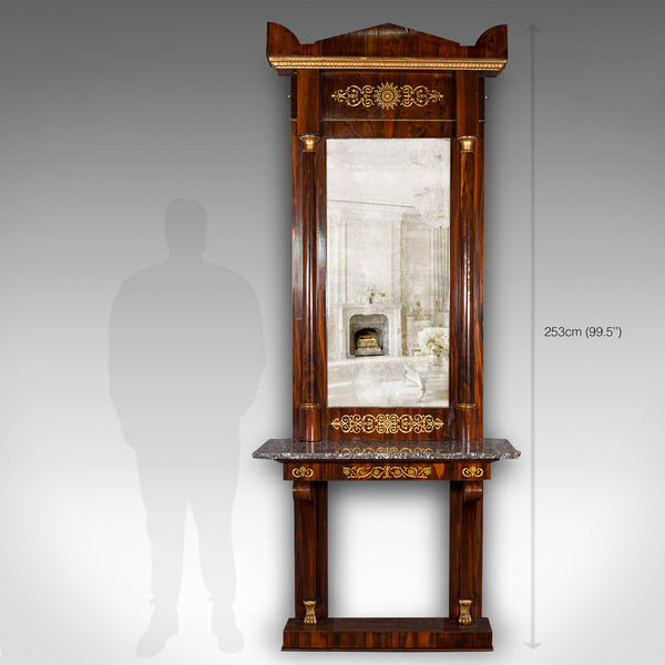 Very Tall 8' Antique Empire Style Mirror, Italian, Walnut, Marble, Victorian