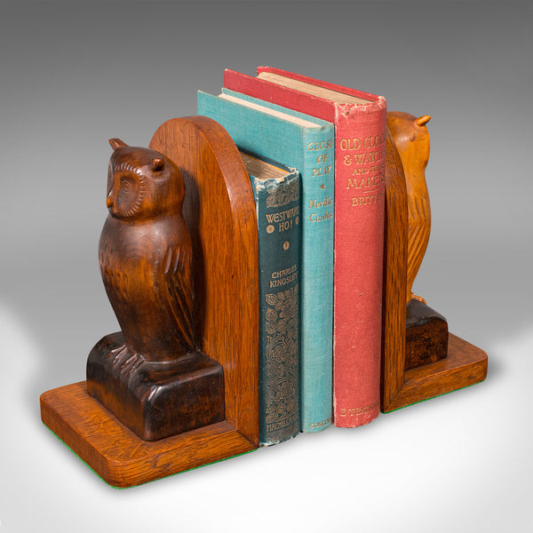 Pair of Vintage Owl Figure Bookends, English, Carved Oak Book Rest, Circa 1970