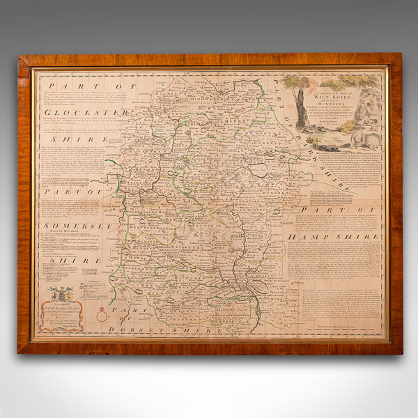 Large Antique Wiltshire Map, County Cartography, Framed, English, 18th Century