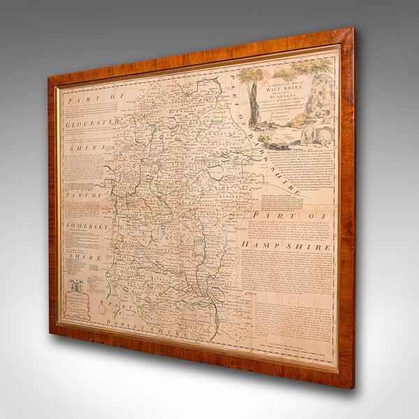 Large Antique Wiltshire Map, County Cartography, Framed, English, 18th Century