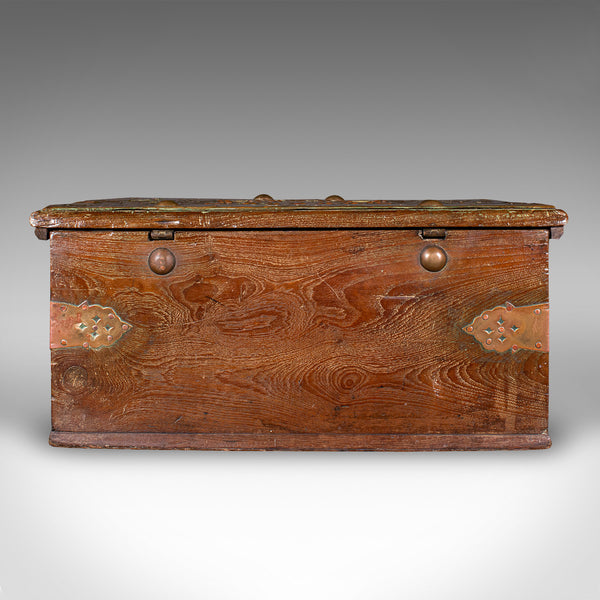 Small Antique Zanzibar Chest, East African Teak, Brass, Travel Trunk, Victorian