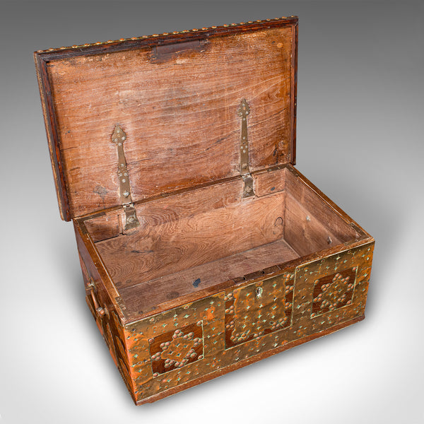 Small Antique Zanzibar Chest, East African Teak, Brass, Travel Trunk, Victorian