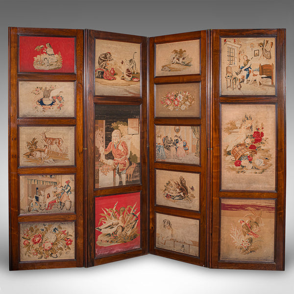 Large Antique 4-Panel Privacy Screen, English Room Divider, Needlepoint, Regency