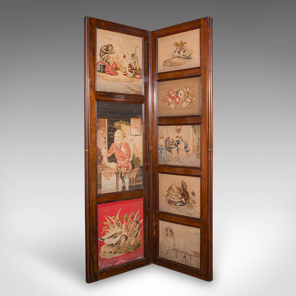 Large Antique 4-Panel Privacy Screen, English Room Divider, Needlepoint, Regency