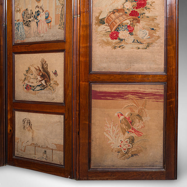Large Antique 4-Panel Privacy Screen, English Room Divider, Needlepoint, Regency