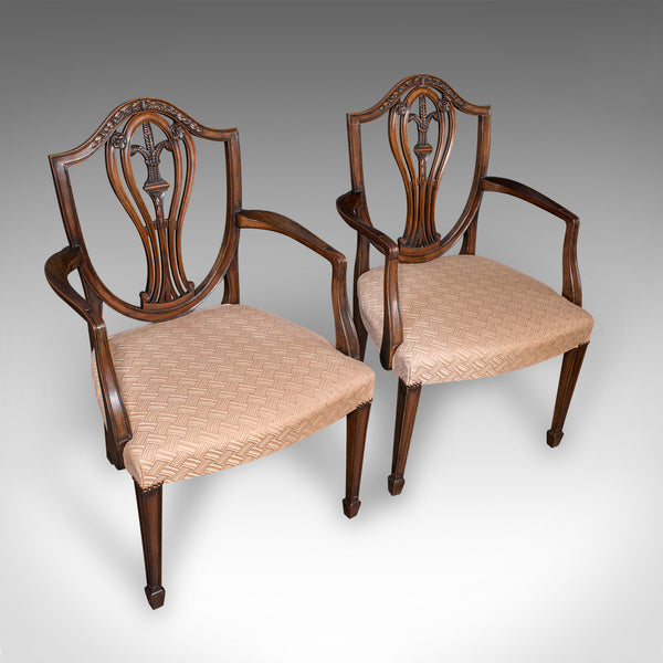 Set of 12 Antique Dining Chairs, English, Carver, Seat, Hepplewhite, Edwardian