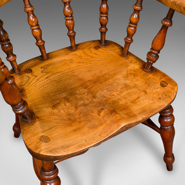 Vintage Smoker’s Bow Chair, English Ash, Captain’s Elbow Seat, Victorian Revival