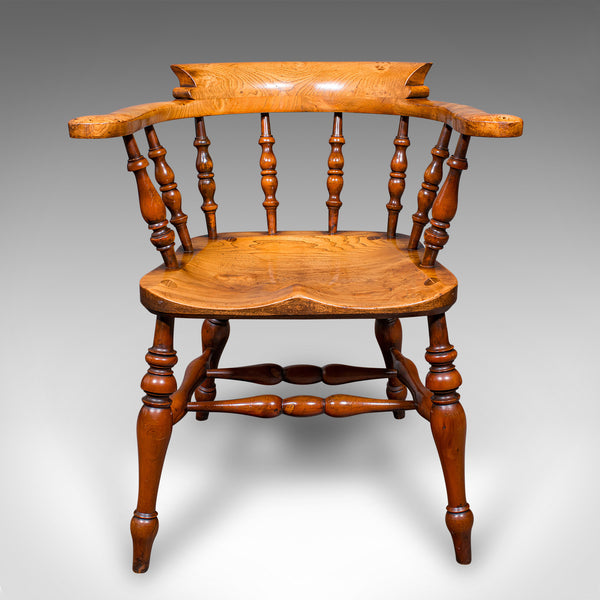Vintage Smoker’s Bow Chair, English Ash, Captain’s Elbow Seat, Victorian Revival