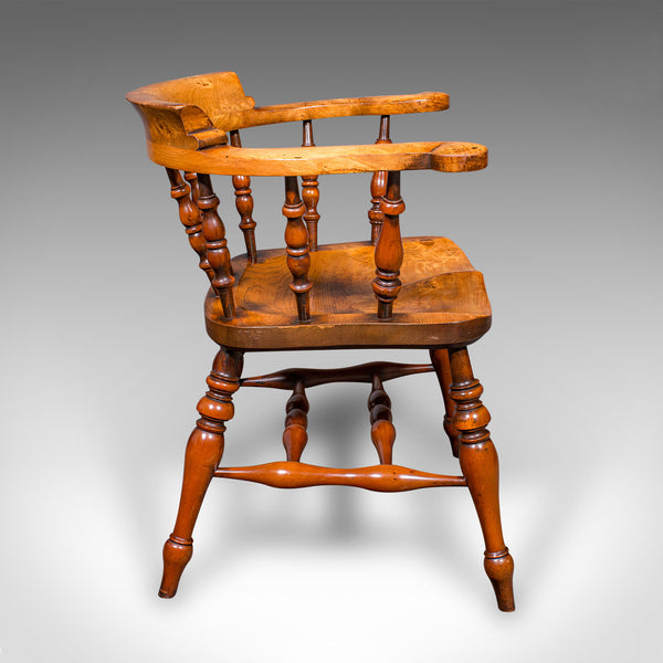 Vintage Smoker’s Bow Chair, English Ash, Captain’s Elbow Seat, Victorian Revival