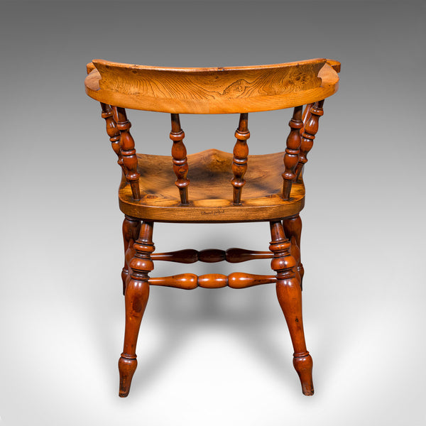 Vintage Smoker’s Bow Chair, English Ash, Captain’s Elbow Seat, Victorian Revival